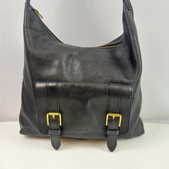 Fossil Cleo Large 1 Strap Hobo Shoulder Bag In Soft Black Leather Gold Hardware